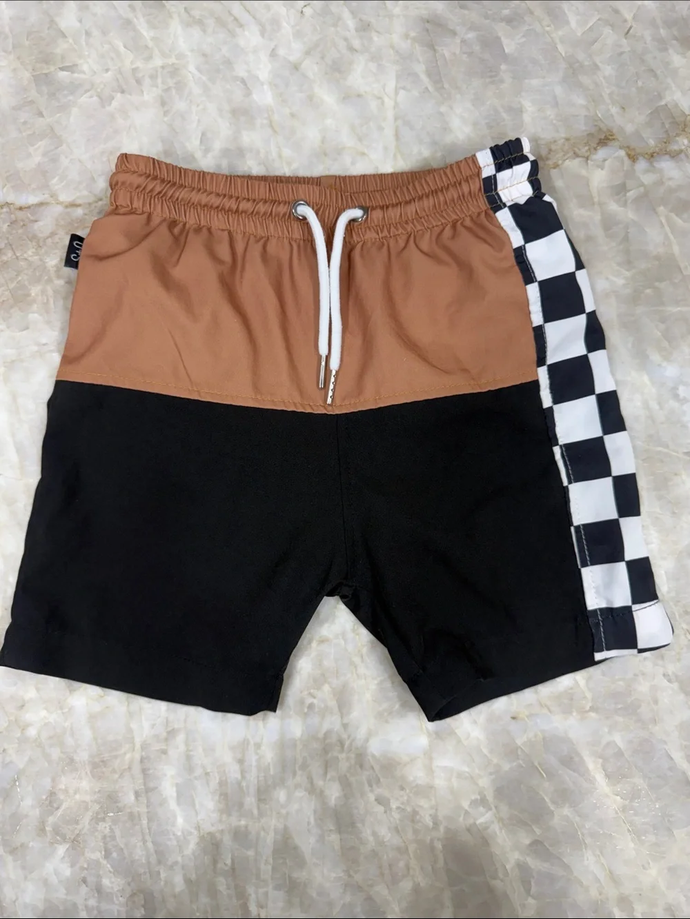 Kids Colorblock Swim Trunks with Checker Stripe - Brown/Black